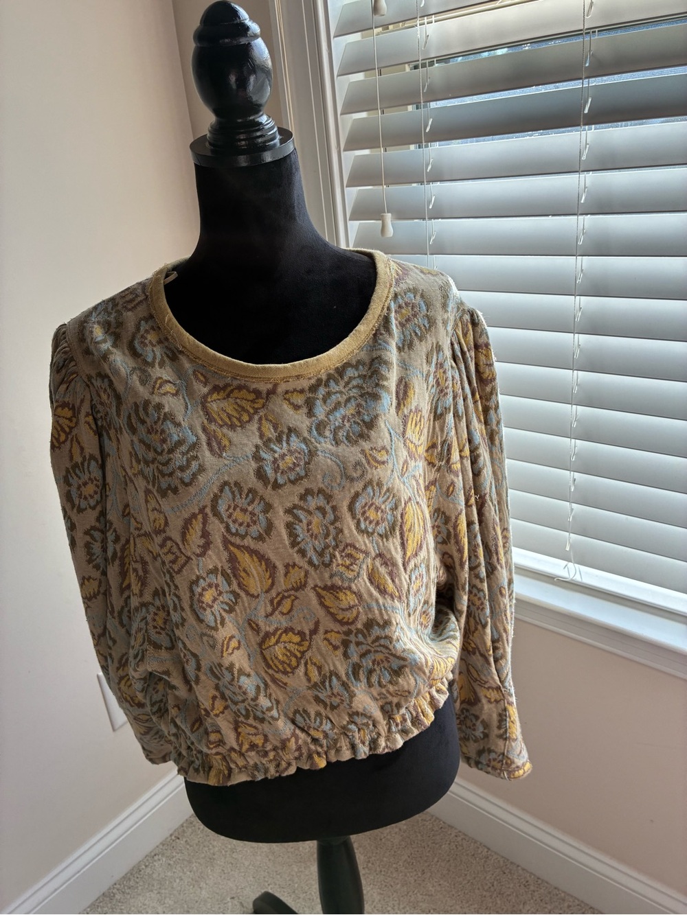 Free People Floral Jacquard Pullover in Beige, Gold, Light Blue
